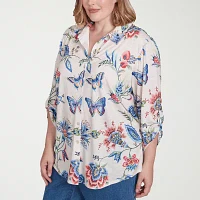 Alfred Dunner Plus Free Spirit Womens 3/4 Sleeve Button-Down Shirt