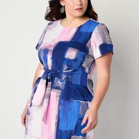 R & K Originals Womens Short Sleeve Abstract Midi Shift Dress Plus