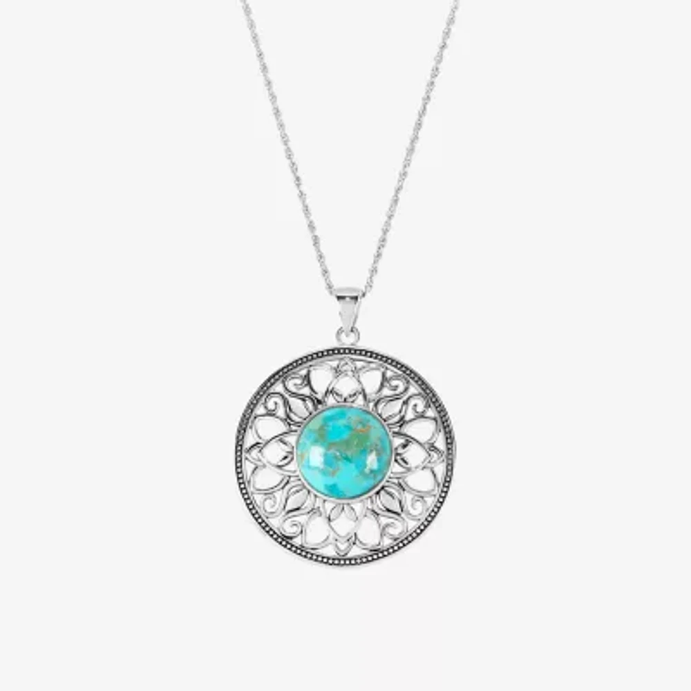 Womens Enhanced Blue Turquoise Sterling Silver Round Pendant Necklace