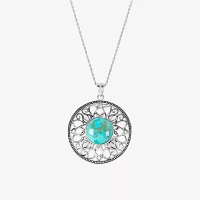 Womens Enhanced Blue Turquoise Sterling Silver Round Pendant Necklace