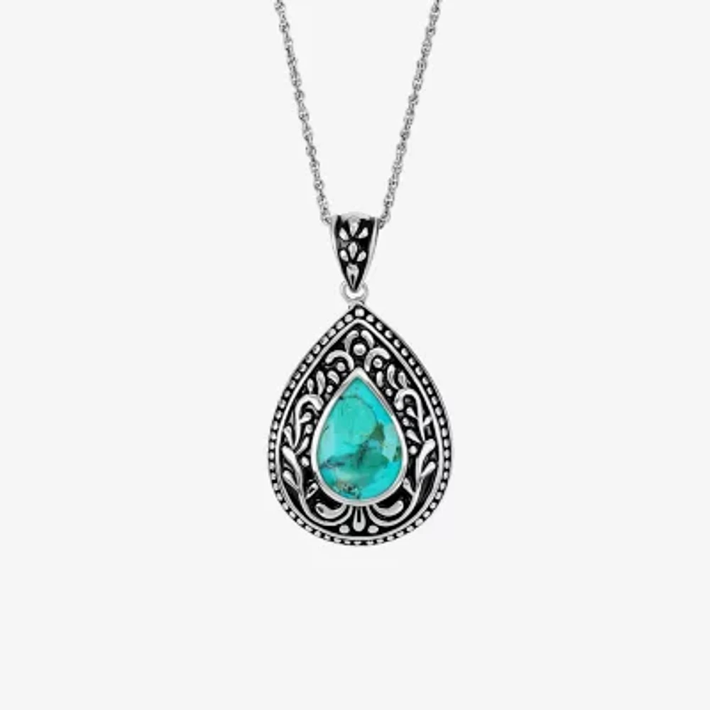 Womens Enhanced Blue Turquoise Sterling Silver Pear Pendant Necklace