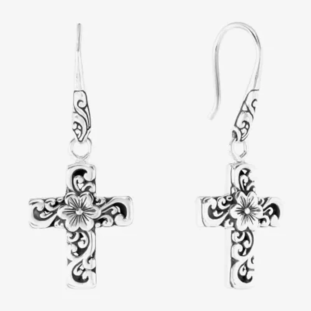 Bali Inspired Sterling Silver Cross Drop Earrings