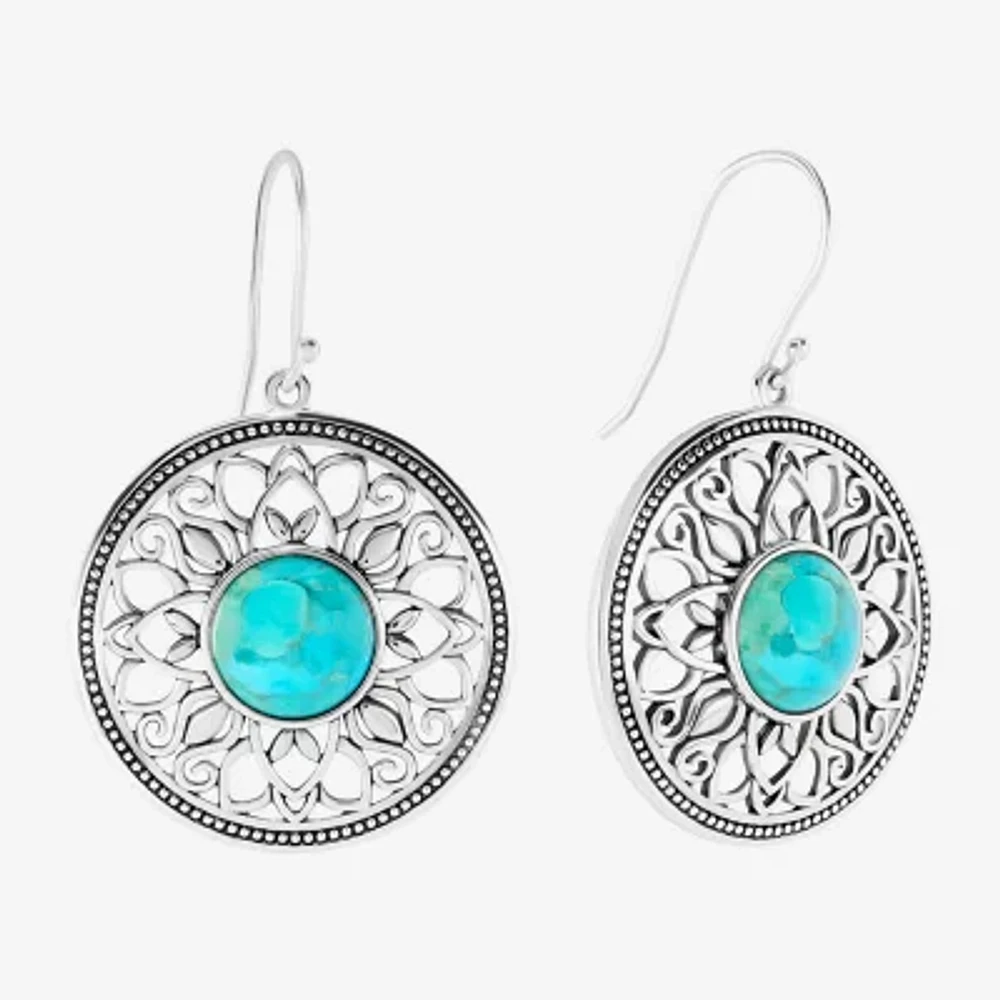 Genuine Blue Turquoise Sterling Silver Round Drop Earrings