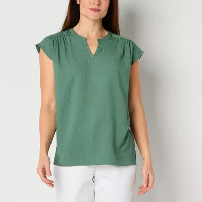 Liz Claiborne Womens Split Crew Neck Short Sleeve Blouse