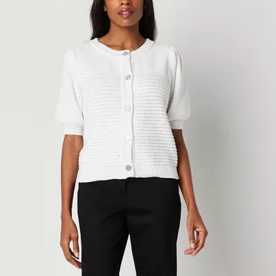 Liz Claiborne Womens Round Neck Elbow Sleeve Button Cardigan