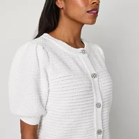 Liz Claiborne Womens Round Neck Elbow Sleeve Button Cardigan