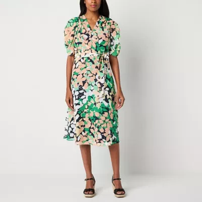 Liz Claiborne Womens Elbow Sleeve Leaf Midi Wrap Dress