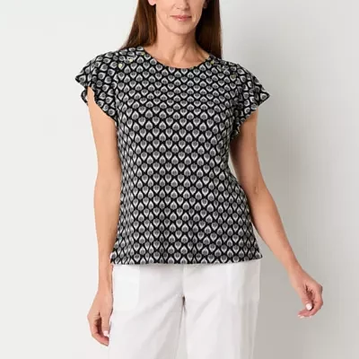 Liz Claiborne Womens Round Neck Short Sleeve Blouse