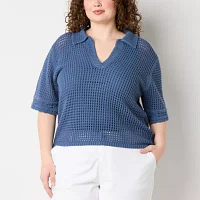 a.n.a Plus Womens Short Sleeve Crochet Polo