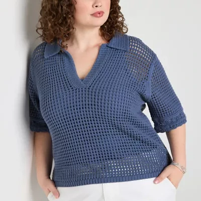 a.n.a Plus Womens Short Sleeve Crochet Polo