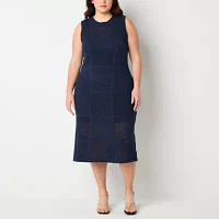 Worthington Womens Sleeveless Midi Sweater Dress Plus