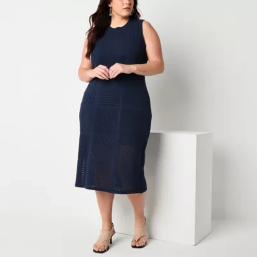 Worthington Womens Sleeveless Midi Sweater Dress Plus