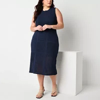 Worthington Womens Sleeveless Midi Sweater Dress Plus