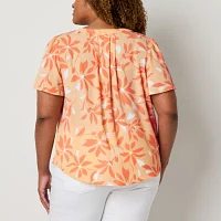 Liz Claiborne Plus Womens Split Crew Neck Short Sleeve Blouse