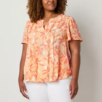 Liz Claiborne Plus Womens Split Crew Neck Short Sleeve Blouse