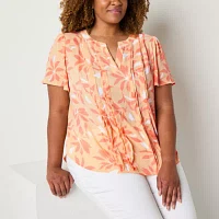 Liz Claiborne Plus Womens Split Crew Neck Short Sleeve Blouse