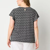 Liz Claiborne Plus Womens Round Neck Short Sleeve Blouse
