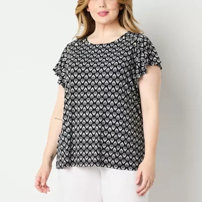 Liz Claiborne Plus Womens Round Neck Short Sleeve Blouse