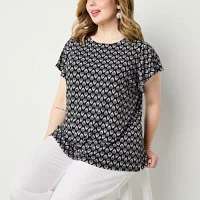 Liz Claiborne Plus Womens Round Neck Short Sleeve Blouse