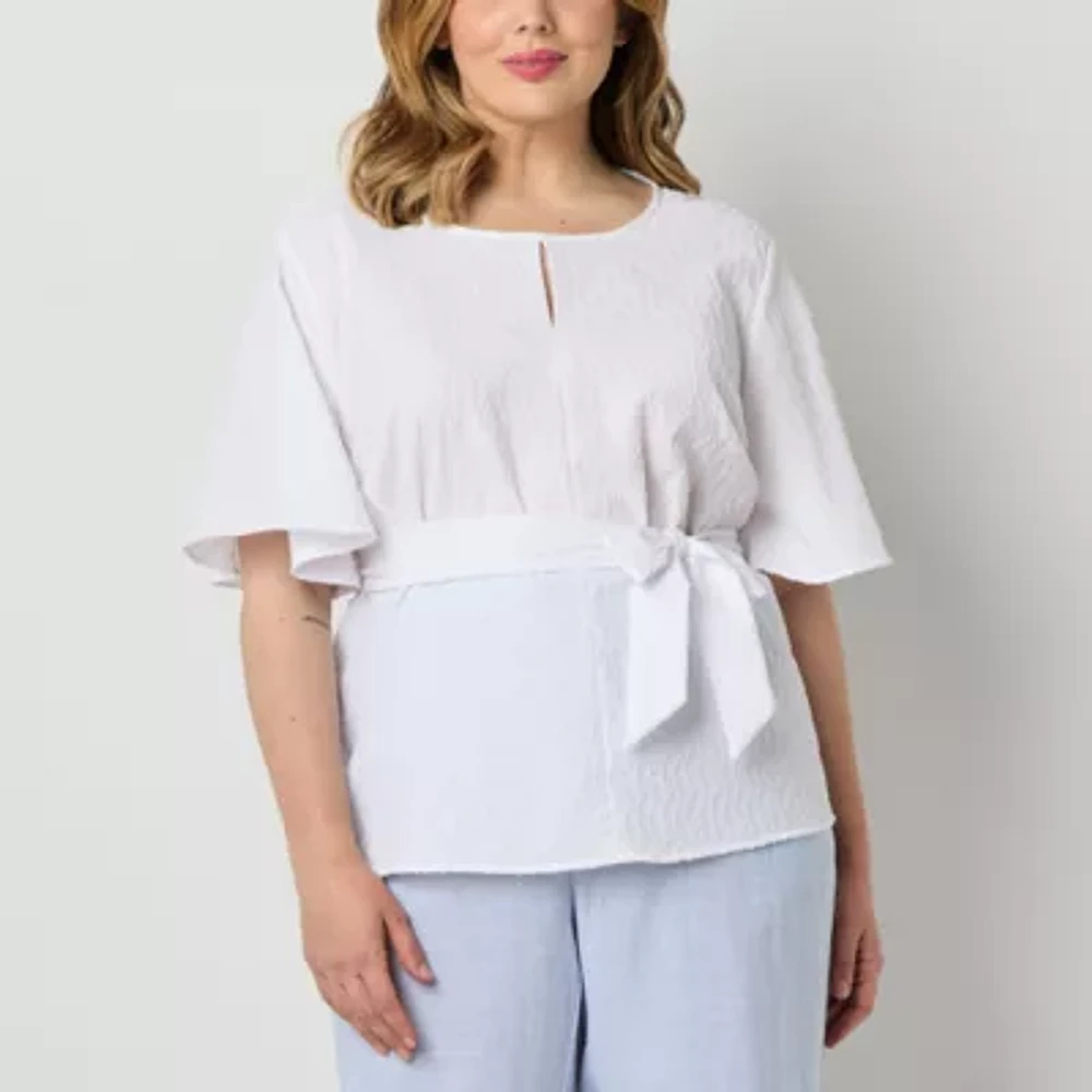 Liz Claiborne Plus Womens Round Neck Short Sleeve Blouse