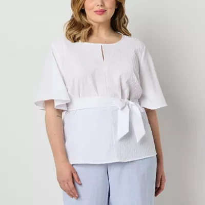 Liz Claiborne Plus Womens Round Neck Short Sleeve Blouse