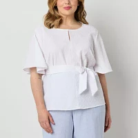 Liz Claiborne Plus Womens Round Neck Short Sleeve Blouse