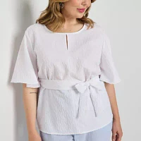 Liz Claiborne Plus Womens Round Neck Short Sleeve Blouse
