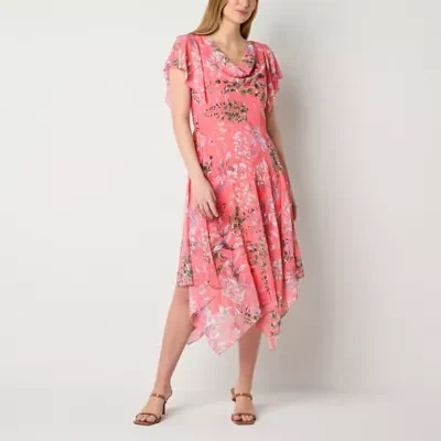 Robbie Bee Womens Short Sleeve Floral High-Low Fit + Flare Dress