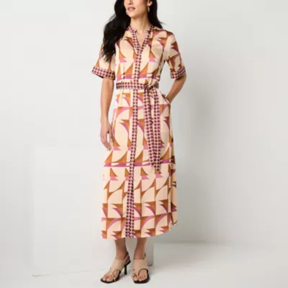 Worthington Womens Short Sleeve Geometric Shirt Dress