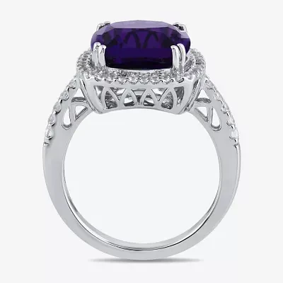 Womens Lab Created Purple Amethyst Sterling Silver Cushion Halo Side Stone Cocktail Ring