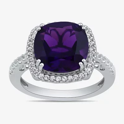 Womens Lab Created Purple Amethyst Sterling Silver Cushion Halo Side Stone Cocktail Ring