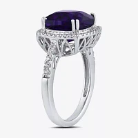 Womens Lab Created Purple Amethyst Sterling Silver Cushion Halo Side Stone Cocktail Ring