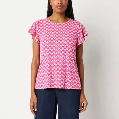 Liz Claiborne Womens Round Neck Short Sleeve Blouse