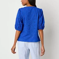 Liz Claiborne Womens Split Crew Neck Short Sleeve Blouse