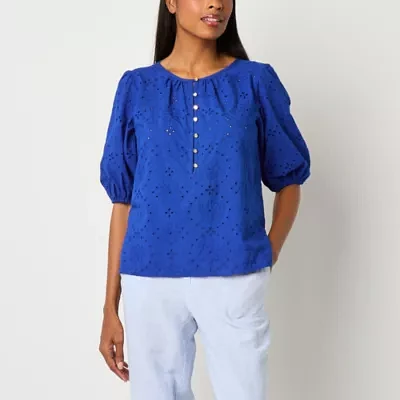 Liz Claiborne Womens Split Crew Neck Short Sleeve Blouse