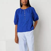 Liz Claiborne Womens Split Crew Neck Short Sleeve Blouse