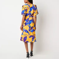 Liz Claiborne Womens Short Sleeve Floral Midi A-Line Dress