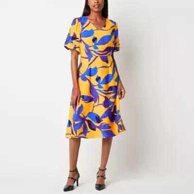 Liz Claiborne Womens Short Sleeve Floral Midi A-Line Dress