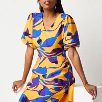 Liz Claiborne Womens Short Sleeve Floral Midi A-Line Dress