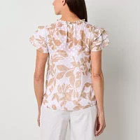 Liz Claiborne Womens Y Neck Short Sleeve Blouse