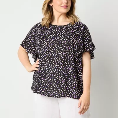 Liz Claiborne Plus Womens Round Neck Short Sleeve Blouse