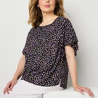 Liz Claiborne Plus Womens Round Neck Short Sleeve Blouse
