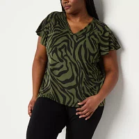 Liz Claiborne Plus Womens V Neck Short Sleeve Adaptive Blouse