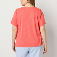 Liz Claiborne Plus Womens Round Neck Short Sleeve Blouse