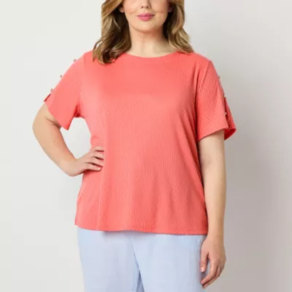 Liz Claiborne Plus Womens Round Neck Short Sleeve Blouse