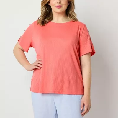 Liz Claiborne Plus Womens Round Neck Short Sleeve Blouse