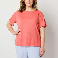 Liz Claiborne Plus Womens Round Neck Short Sleeve Blouse