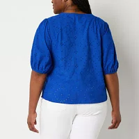 Liz Claiborne Plus Womens Split Crew Neck Short Sleeve Blouse