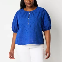 Liz Claiborne Plus Womens Split Crew Neck Short Sleeve Blouse