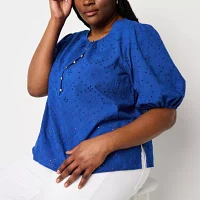 Liz Claiborne Plus Womens Split Crew Neck Short Sleeve Blouse